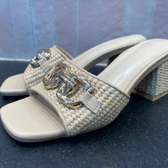 NEW DESIGNER STRAW RAFFIA HEEL & STRAP SANDALS HORSEBIT DECOR SIZE US 7 - Picture 4 of 9